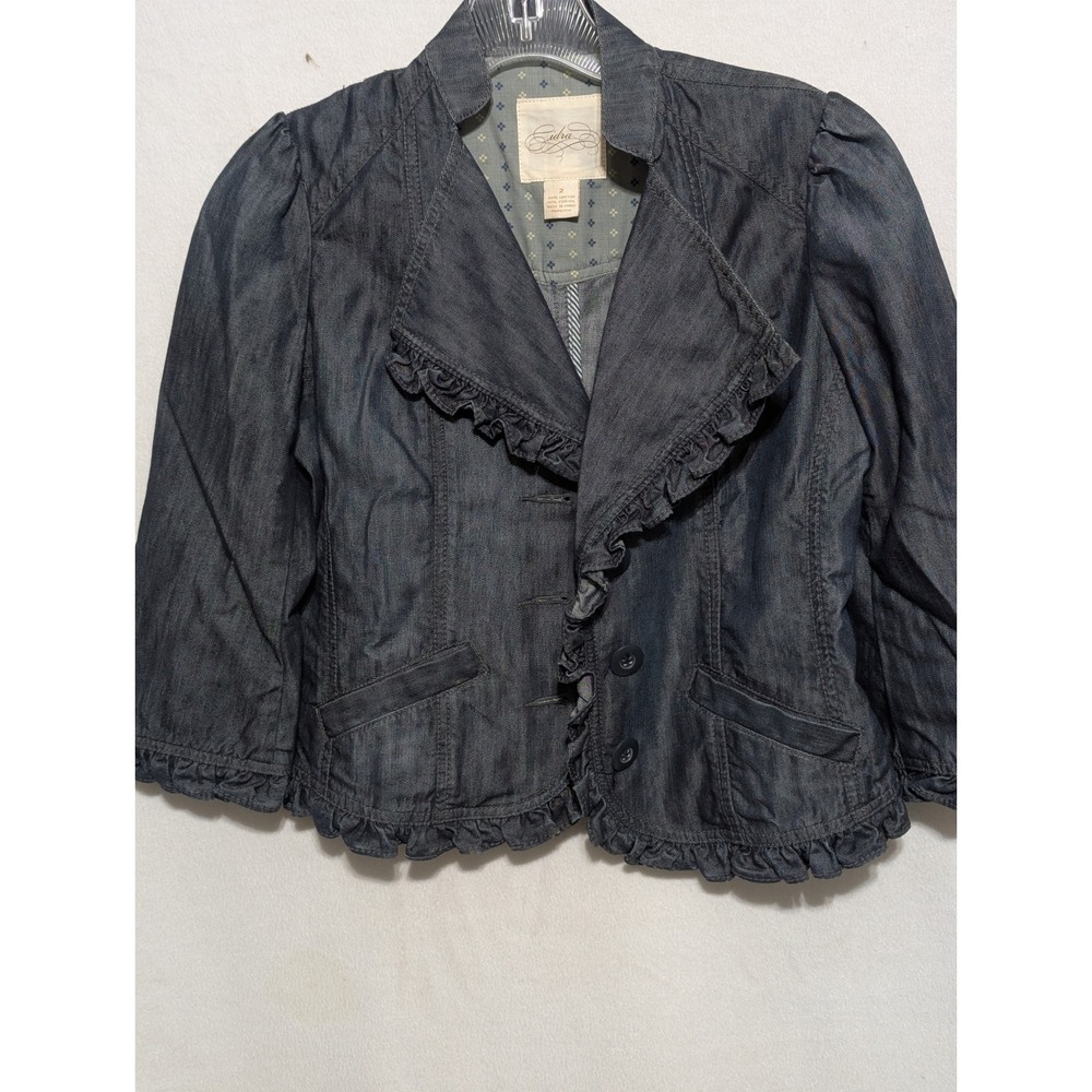 Cidra Women Dark Wash Denim Ruffle Trim Blazer Jacket Size 2 Cotton Lyocell